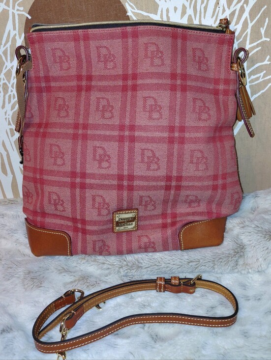 Dooney & Bourke Handbags - Dooney & Bourke Red Plaid Crossbody with Brown Leather Trim and Tassel.